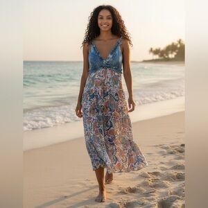 Florencia Blue Denim Top Paisley Maxi Dress